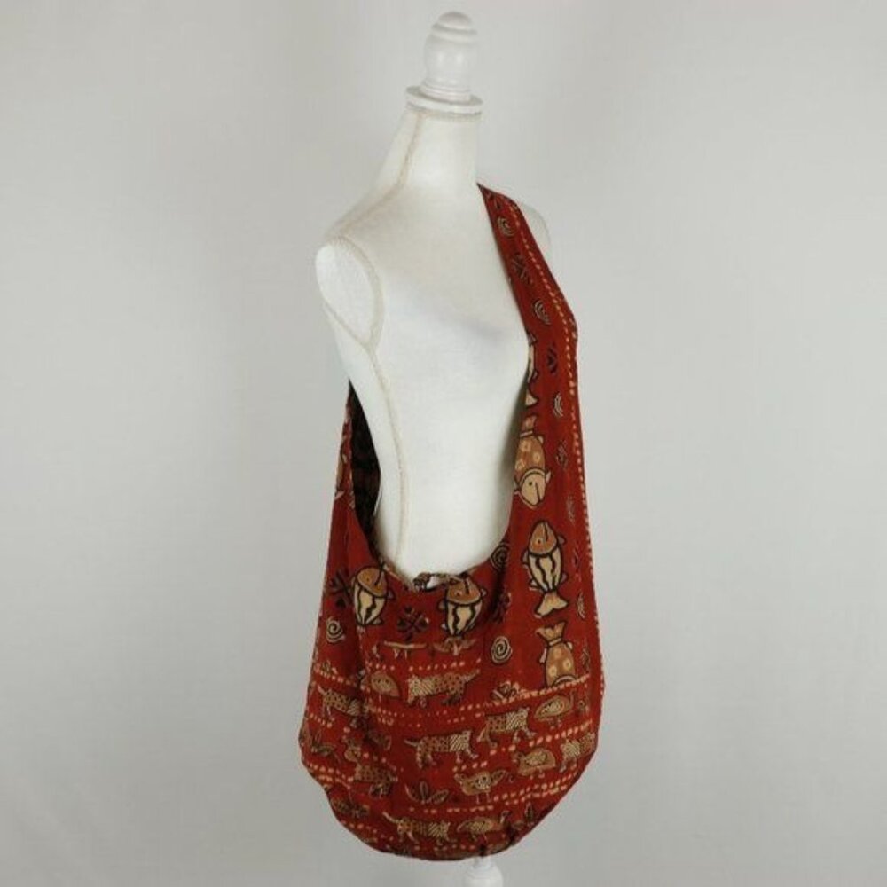 Unbranded Women's Red Blue Sadhu Block Print Reversible Boho Crossbody Bag